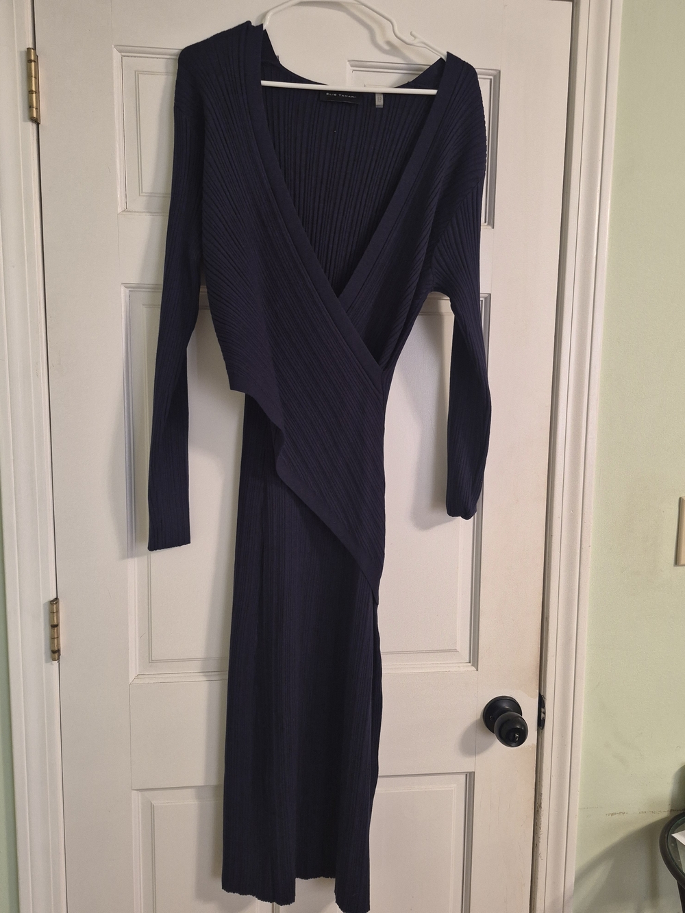 Tahari Navy Ribbed Wrap-Front Long Sleeve Dress